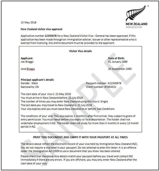 Образец: NZeTA в Новую Зеландию