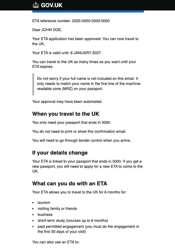 Образец: UK ETA